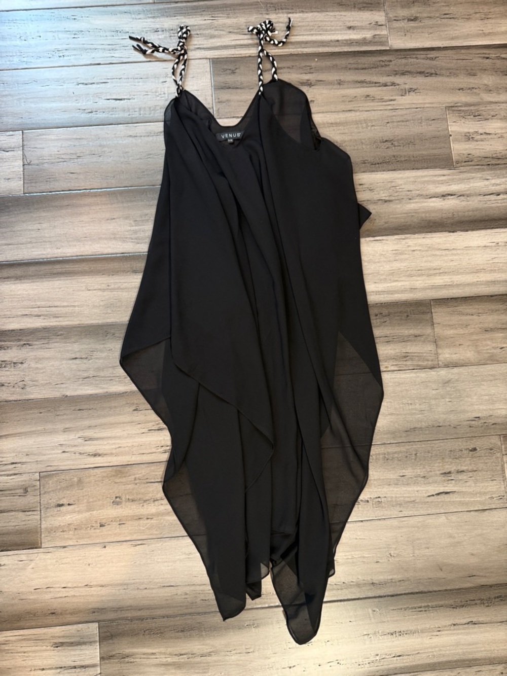 VENUS Black Asymmetrical Handkerchief Hem Dress with Tie Straps
